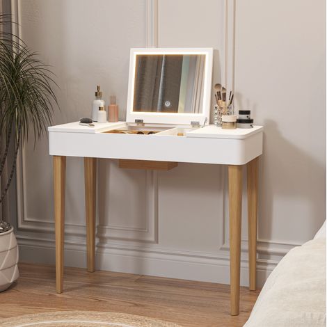 Coiffeuse en MDF blanc, miroir rabattable, rangement à deux portes et pieds en bois massif (1/5)