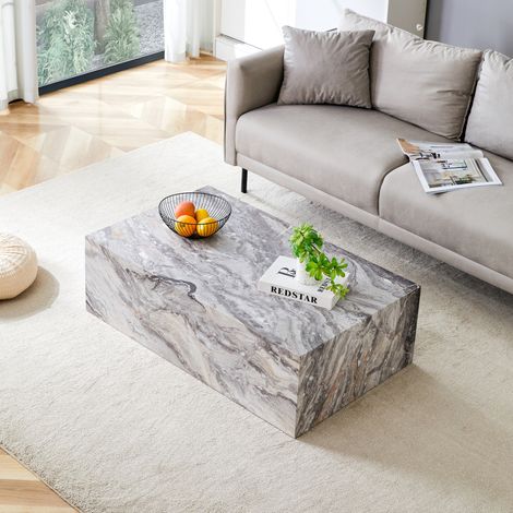 Tavolino da caffè 90x50x30 cm grigio in MDF effetto marmo con struttura monoblocco senza montaggio (1/5)