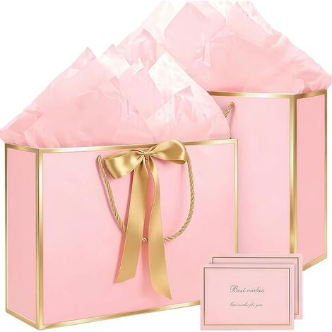 Lot de Pochettes Cadeaux avec Anse, Sacs Cadeaux en Papier Avec Ruban d'Arc, Pochettes en Papier avec Anse, Emballage Cadeau pour Noël, les Anniversaires, Mariages, Fête (Rose -Bord Or) (1/5)