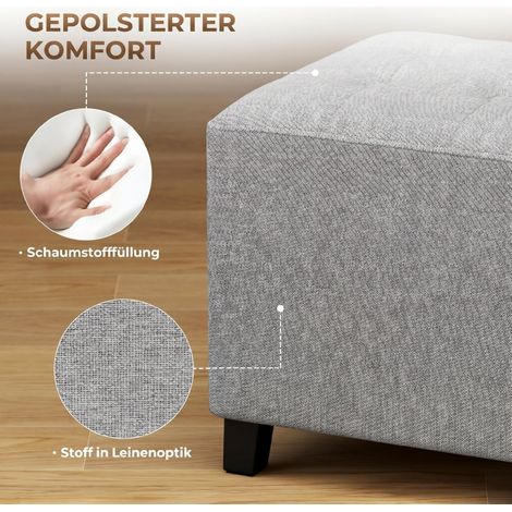 Pouf carré, petit ottoman avec poche latérale, repose-pieds en tissu aspect lin, pieds en bois d'hévéa, gris clair, pour salon ou chambre. (1/5)