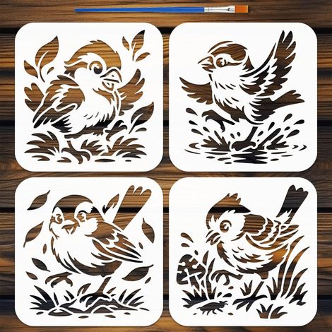 4 Pièces Pochoirs Peinture Oiseaux Jouant Plantes avec Pinceau 15x15 cm Pochoir Oiseaux en Jeu Réutilisable Pochoir Silhouette Animal Oiseau pour Peinture sur Bois Mur Meuble Carte Tissu (1/5)