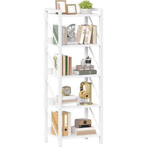 Bibliothèque à 5 Niveaux, Étagère d’Angle Moderne, Présentoir avec Rangement, Cadre Métallique, pour Salon, Chambre, Bureau, Cuisine, Entrée, Blanc (1/5)