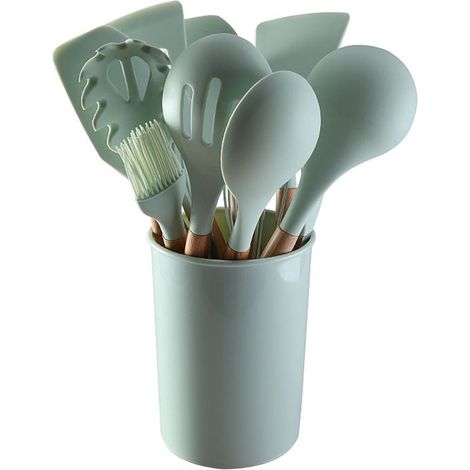 Juego de 11 utensilios de cocina de silicona antiadherente con mangos de madera，fáciles de limpiar (1/4)