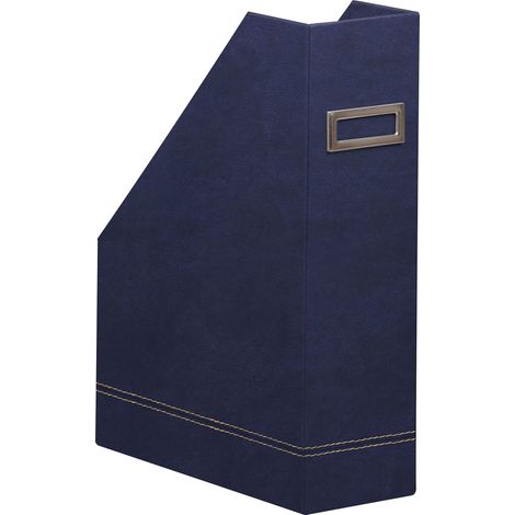 Porte-Revues Bleu Nuit -10 x 25 x 31 cm - Piqûres Sellier Orange - Extérieur Simili Cuir - Collection Home Office - Organisation de Bureau (1/2)