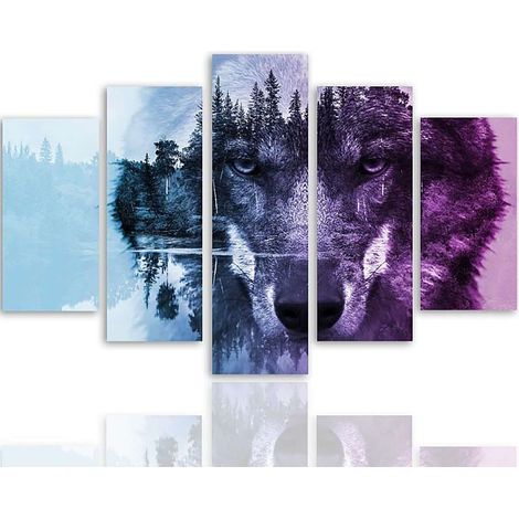 Tableau loup sur le fond de la forêt violette - 100 x 70 cm (1/5)