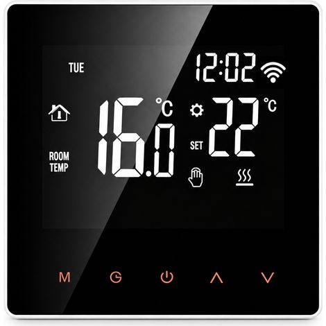 Thermostat WiFi pour plancher chauffant électrique 16 A, contrôle par application, chiffres blancs et touches orange (1/5)