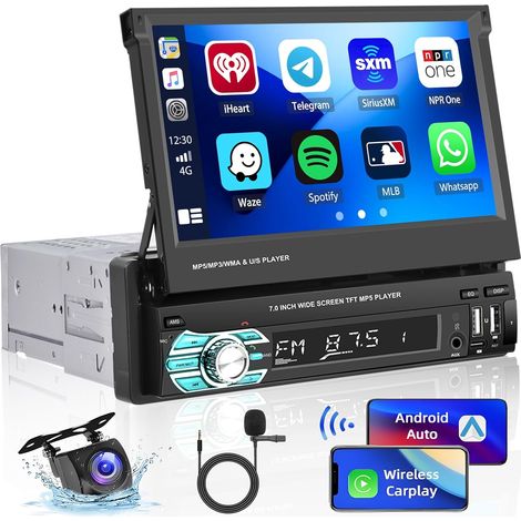 1 DIN Kabelloses Carplay-Autoradio mit einziehbarem Touchscreen-EQ, kabelloses Android-Autoradio 7 Zoll Bluetooth, Mirror Link TF/USB/Typ-C + Rückfahrkamera
