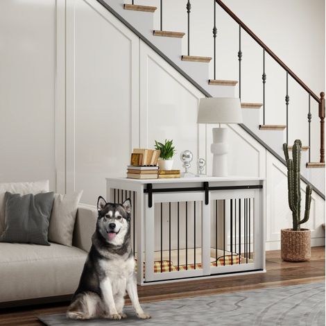 Caisse pour chien avec porte coulissante, ventilation 3 côtés, 98 x 58 x 61 cm, blanc HAVRYA (1/4)