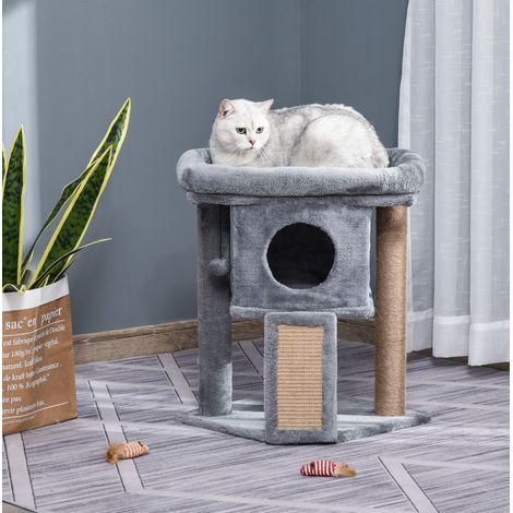 Árbol para gatos de MDF y felpa gris claro con 1 plataforma, caseta, esterilla de yute y pelota, 40 x 40 x 57 cm (1/5)