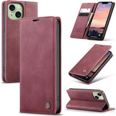 Coque iPhone 15 5G - Étui Flip avec Portefeuille et Support Réglable - Cuir Synthétique + TPU - Protection Antichoc - Rouge Vin - 1 Pièce