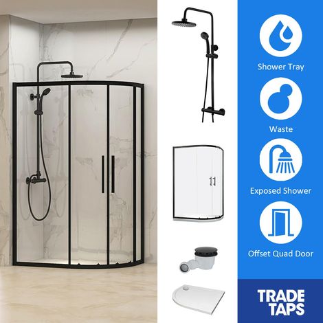 Synergy Designer Black 2 Door 800 x 1000mm, Tray, Waste & Trisen Shower Full Set Offset Quad