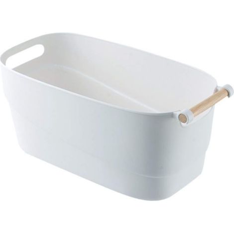 Paniers de rangement pour salle de bain, boîte de rangement avec poignée en bois, pour placards de cuisine et garde-manger, en plastique blanc