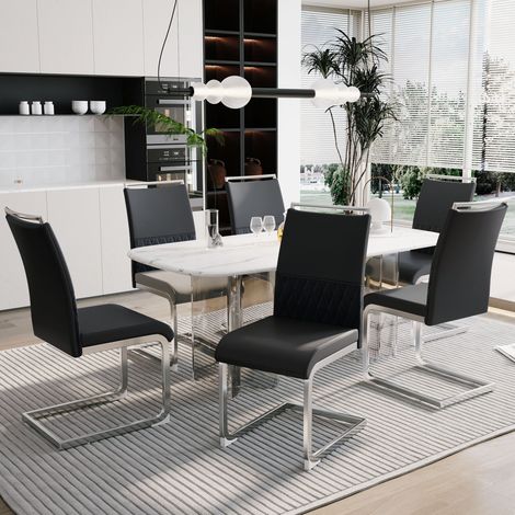 Set di 6 sedie da pranzo, schienale in PU e lino, metallo nero, 95 cm OKMYHOME (1/5)