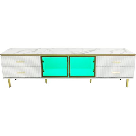 Meuble TV effet marbre 170 cm LED tiroirs dorés portes verre