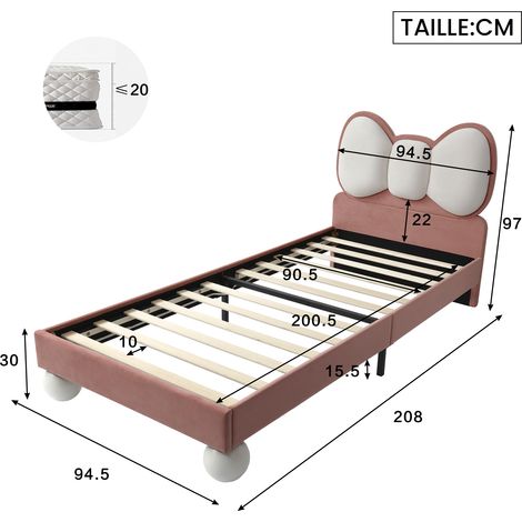 Kinderbett 90×200 cm, Einzelbett mit Verstellbarer LED und Schmetterlingskopfteil, ohne Matratze, Samt Rosa und Beige (1/4)