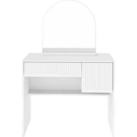 Coiffeuse blanche avec miroir incurvé, 2 tiroirs spacieux et étagère inférieure – H135 x L90 x P40 cm (1/5)