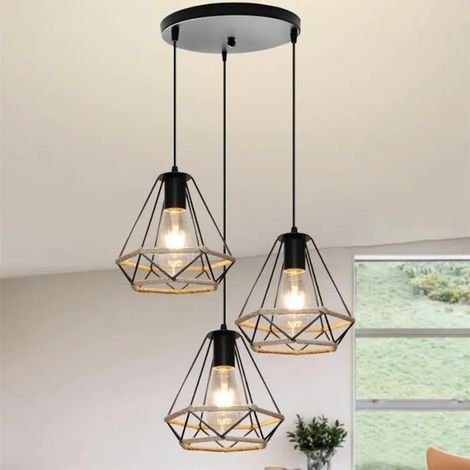 U-Do 3 Têtes Suspension Luminaire en Corde de Chanvre design Vintage 20CM Lampe en Disque Lustre Ajustable Industriel décoration (1/4)