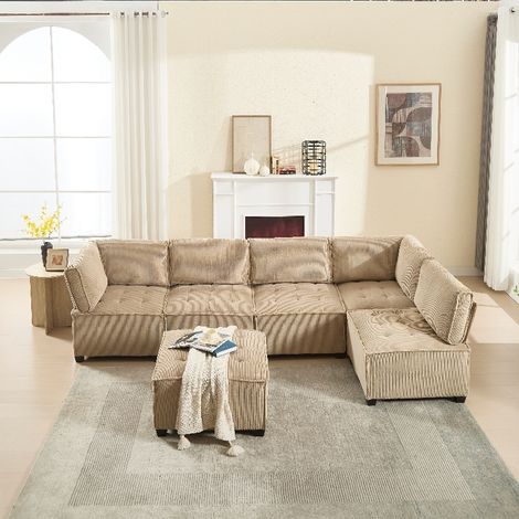Modulares 6-Sitzer Sofa aus Cordstoff Khaki - Flexibles U-Form & L-Form Schlafsofa mit Stauraumtaschen und ergonomischer Rückenlehne, 308x154cm (1/5)