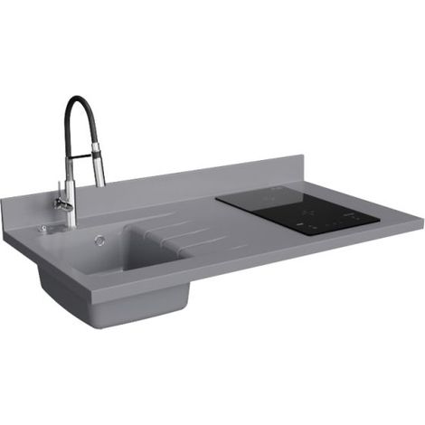 Plan de travail monobloc PlaniQuartz avec évier - 120 cm - Cromo - évier à gauche - Plaque de cuisson Induction