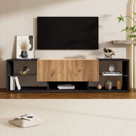 Meuble TV noir et effet bois 160 x 40 x 42 cm avec LED Bluetooth, app et télécommande, 2 tiroirs, étagère en verre, 5 rangements (1/5)