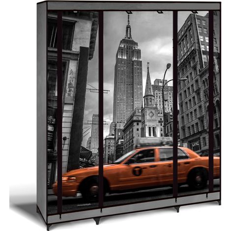 Idmarket – Armoire de rangement penderie pliable en tissu – Dimensions 132x45x178 cm – Structure acier – 3 portes indépendantes – Imprimé New-York