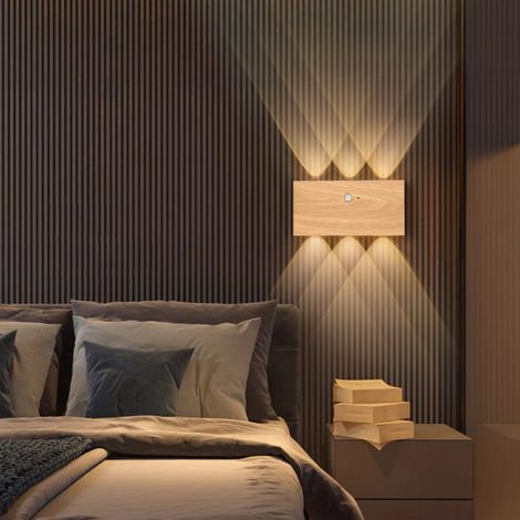 Applique murale à piles avec détecteur de mouvement rechargeable éclairage mural d'intérieur LED magnétique interrupteur tactile bois (1/4)