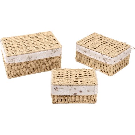 Lot de 3 paniers de rangement tressés multifonctionnels avec doublure en tissu, couleur kaki, pour chambre, salon ou table de chevet. (1/4)