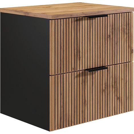 Meuble sous vasque suspendu strié avec planche - Naturel clair et noir - 60 cm - MADELA