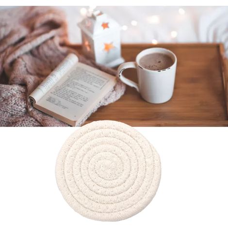 Dessous de verre rond en coton tissé à la main, 11 cm d'épaisseur, isolant et polyvalent, beige. (1/5)