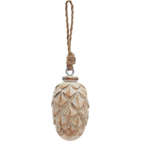 Antique White Wash Small Pine Cone Bauble - Wood - L6 x W6 x H10 cm - Brown
