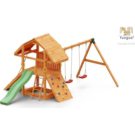 FUNGOO BUFFALO MOVE ultra robuste et imposante, bac à sable,  rampe d'accés avec corde, mur d'escalade, toboggan vert & accessoires de jeux, balançoire 2 sièges - Kit sécurité ancrage (1/7)