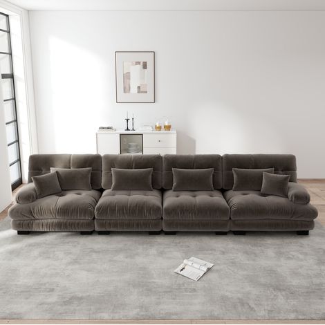 Sofá esquinero modular 406x77x81 cm marrón en chenilla con asiento profundo y reposabrazos acolchados (1/5)