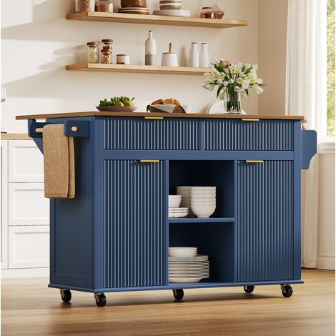 Kücheninsel auf Rollen 120 x 45 cm mit klappbarer Arbeitsplatte, Küchenwagen mit 2 Schubladen, 2 Türen, Gewürzregalen und Handtuchhaltern, Rollbarer Küchenschrank mit Stauraum, Cloisonné-Blau (1/5)