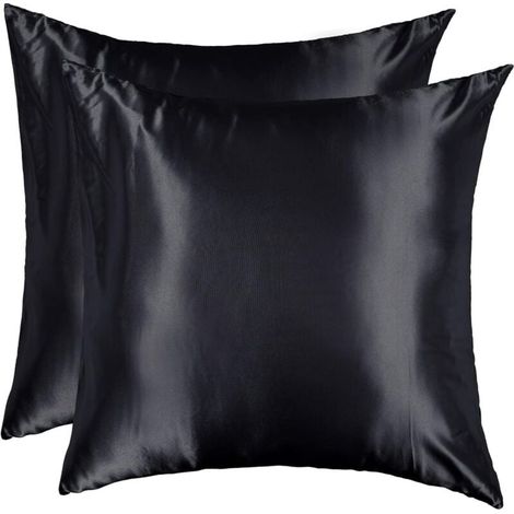 Taie d'oreiller Satin 60x60 Lot de 2 Lisse Elégant Housse Oreiller Carré Confort Soyeux Peau Frais Eté Fermeture Eclair Maison Hôtel, Noir-TREETALK (1/4)