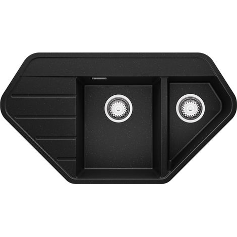 PRIMAGRAN Evier d'angle en Granit 90x50cm, Lavabo Cuisine 1,5 bacs + Kit de Vidage, Évier à Encastrer au meuble 80cm - Copenhague Corner, Noir Métallisé (1/5)