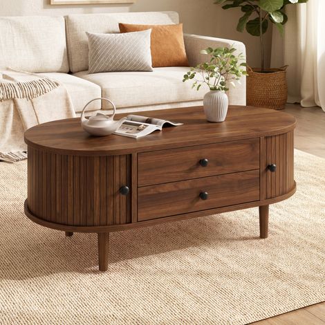 Table basse 100x50x40 cm avec plateau relevable, portes coulissantes et 2 tiroirs, MDF coloris - noyer (1/5)