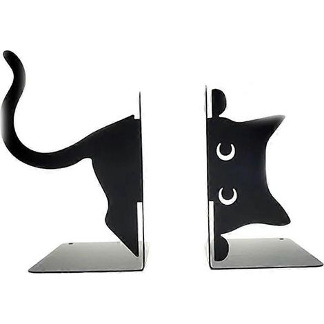 paire de serre-livres en métal, motif chat fantaisiste, bords arrondis, pour la décoration de bureau ou de bibliothèque. (1/5)