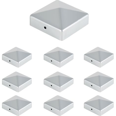 Wolketon 10x Tapa para poste 71x71mm Plateada, forma pirámide, cubierta de hierro para postes de madera y vallas de jardín (1/5)