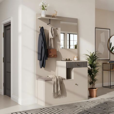 URBAN MEUBLE Vestiaire à l'entrée blanc avec miroir, banc, porte-manteau et meuble de à chaussures 2 portes 1 tiroir (1/5)