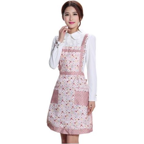 Tablier de cuisine rose et jaune à motifs floraux style princesse -Avec deux poches (1/5)