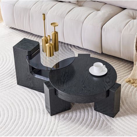 Table basse gigogne ronde 2 niveaux verre gris OKMYHOME (1/5)