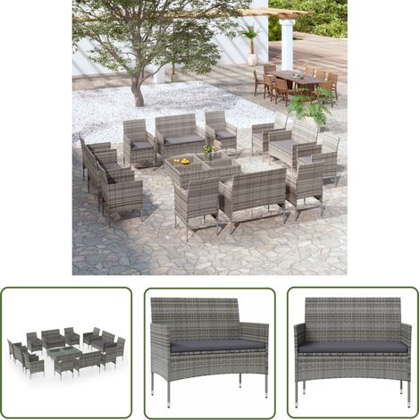 The Living Store 16-tlg. Garten-Lounge-Set mit Auflagen Poly Rattan Grau - Gartenmöbel - Loungemöbel - Outdoormöbel - Rattanmöbel - Esszimmergarnitur (1/5)