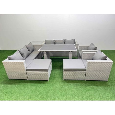 Fimous 10 Seater Wicker PE Rattan Furniture Outdoor Dining Table 3 Seater Sofa Armchair Set with Side Table 2 Big Stools Light Grey (1/5)