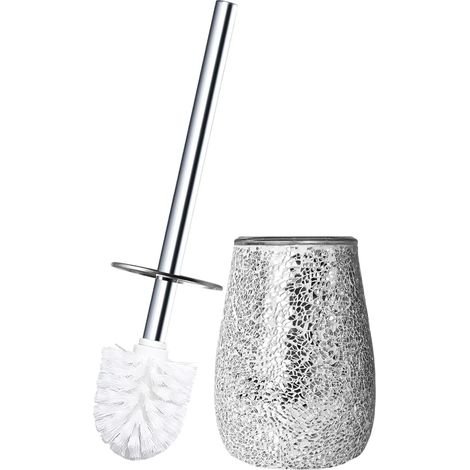 Ensemble Brosse WC Moderne et Support en Verre mosaïque Acier Inoxydable Brosse et Support Pratiques et décoratifs Accessoires de Salle de Bain argentés pailletés (1/5)