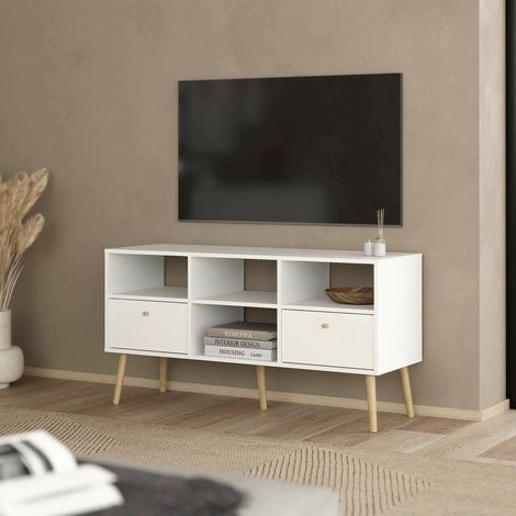 Dmora - Fernsehschrank Conte, Ständer für Wohnzimmerfernseher, Niedriges Wohnzimmer-Sideboard, TV-Ständerbasis, 117x39 h61 cm, Weiß (1/5)