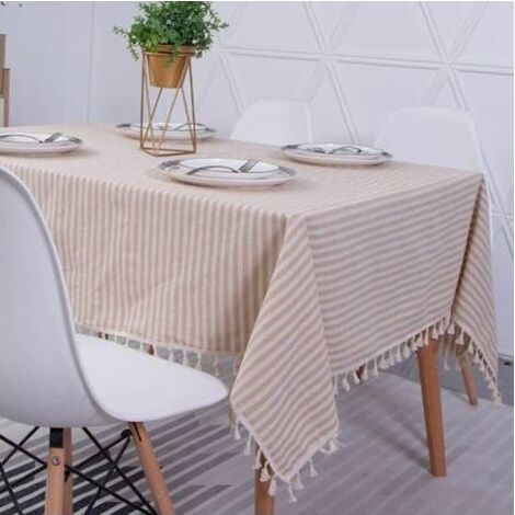 Nappe Rectangulaire Coton Lin Rayé Glands Nappe Lavable Résistant À l'huile Résistant Aux Taches Facile d'entretien Nappes pour Intérieur Extérieur Jardin Salle À Manger Et Célébrations,100x140cm (1/4)