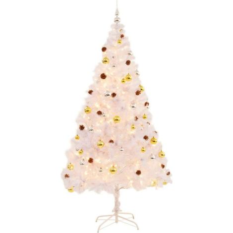 Albero di Natale Artificiale con Palline e LED 210 cm Bianco