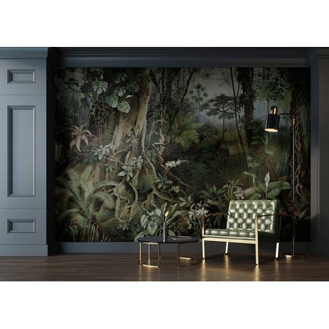 Papier peint panoramique jungle verte 270x400cm – 100% intissé – Lavable et écologique – Pour salons et espaces professionnels – Livingwalls - 4mlx2 (1/5)