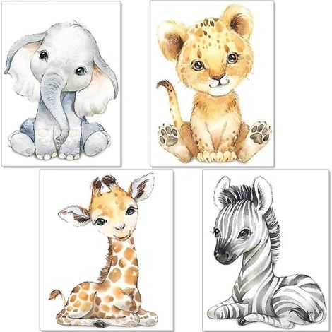 Adorable décoration murale dessin animé lion et éléphant, tableau ludique pour chambre enfant, petit animal mignon, art mural coloré, 2 pièces, style kawaii, parfait pour salon ou chambre. (1/5)