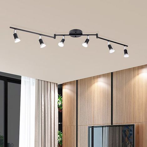 Lumière blanche Kit d'éclairage sur rail noir à 6 lumières, luminaires de plafond à LED modernes, tête de lumière LED rotative flexible (GU10) (1/5)